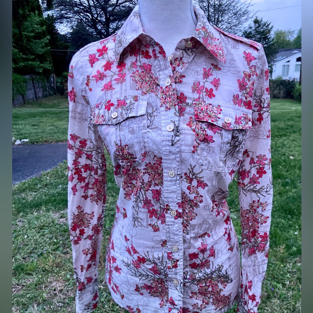 Tory Burch Brigitte Enamel Button-Down Epaulettes Cottagecore Floral Blouse EUC